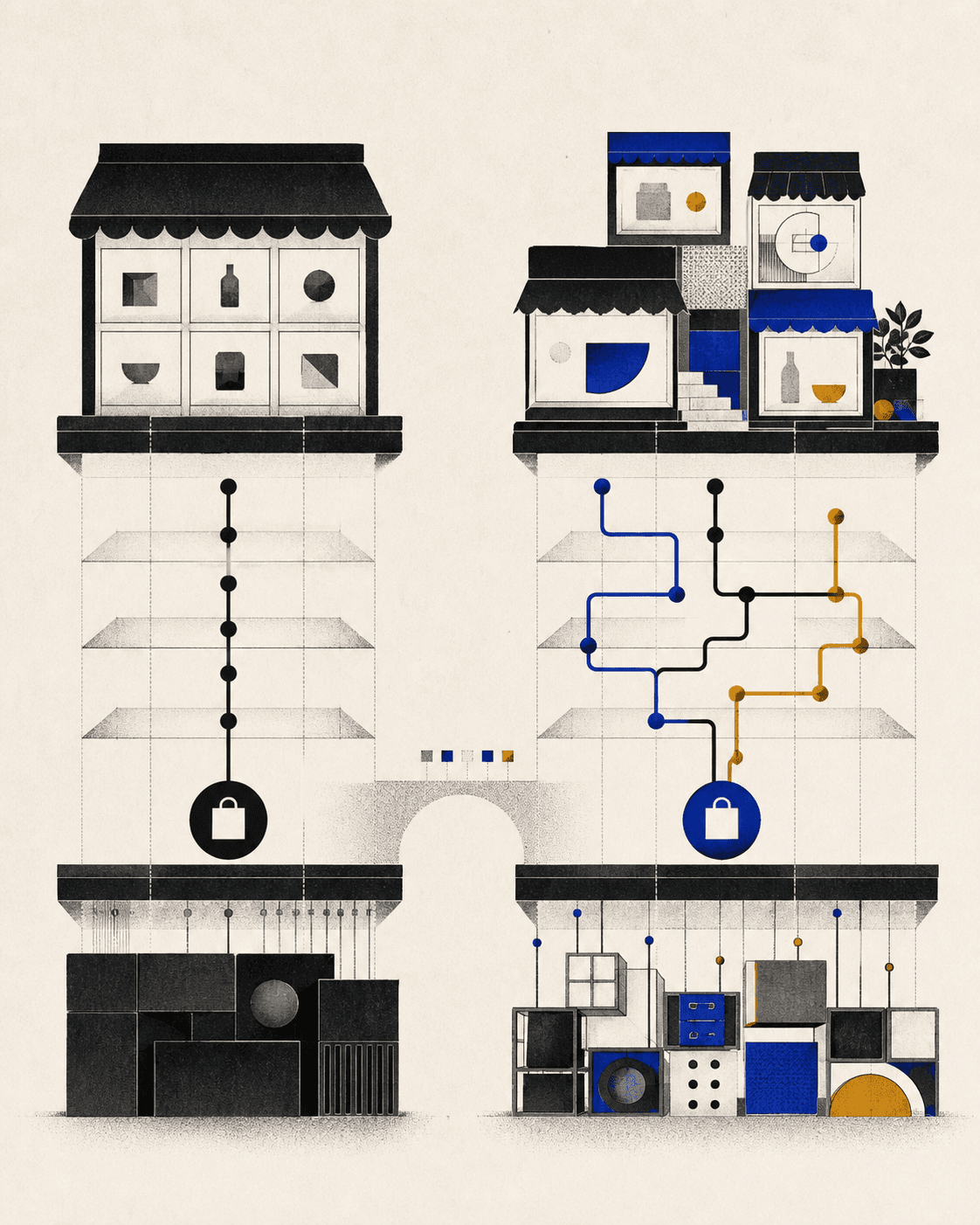 Editorial illustration comparing rigid global commerce with adaptive local commerce systems